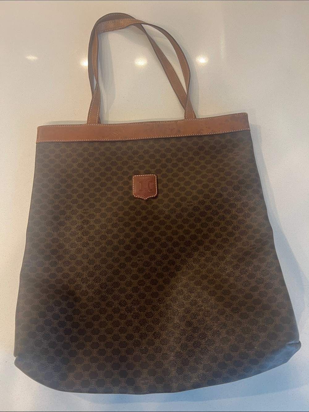 Celine Dark Brown Monogram Canvas Tote with Tan Leather Trim